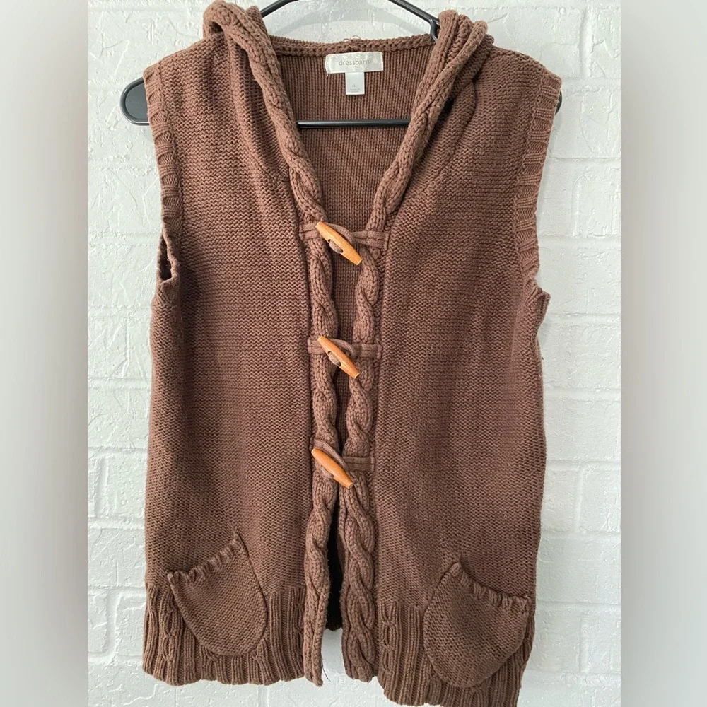 Dressbarn Y2K Brown Cable Knit Hooded Cotton Sweater Vest - Picture 6 of 12